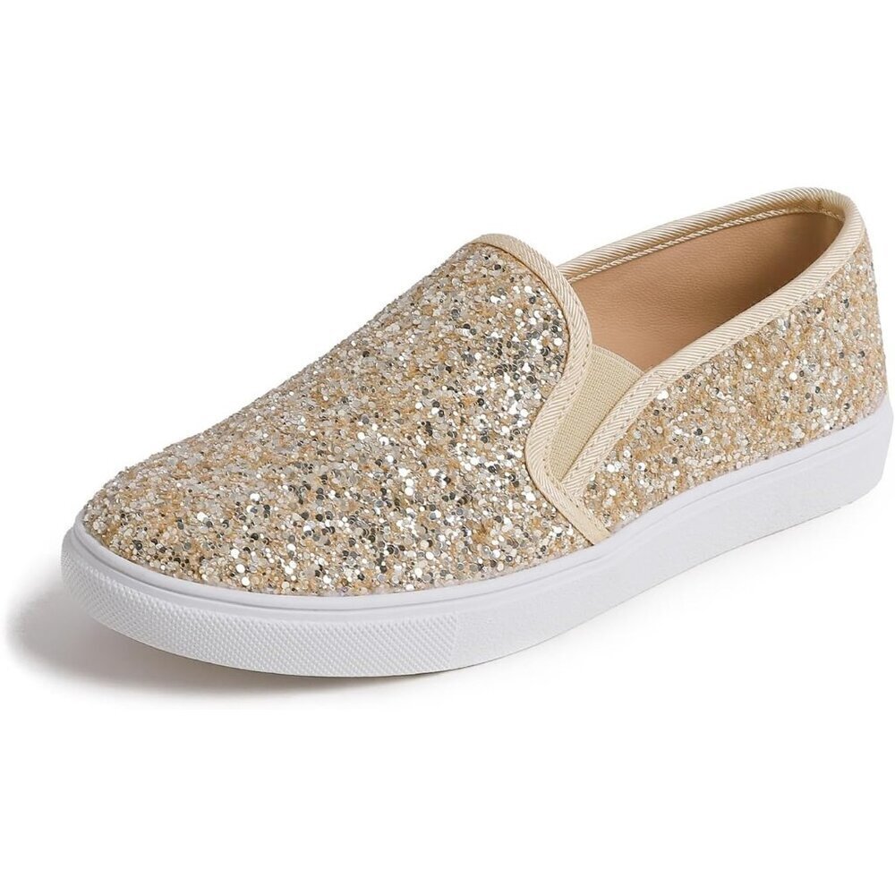 Women's Light Gold Glitter Fashion Slip-on Synthetic Sneaker Casual Flat Loafers